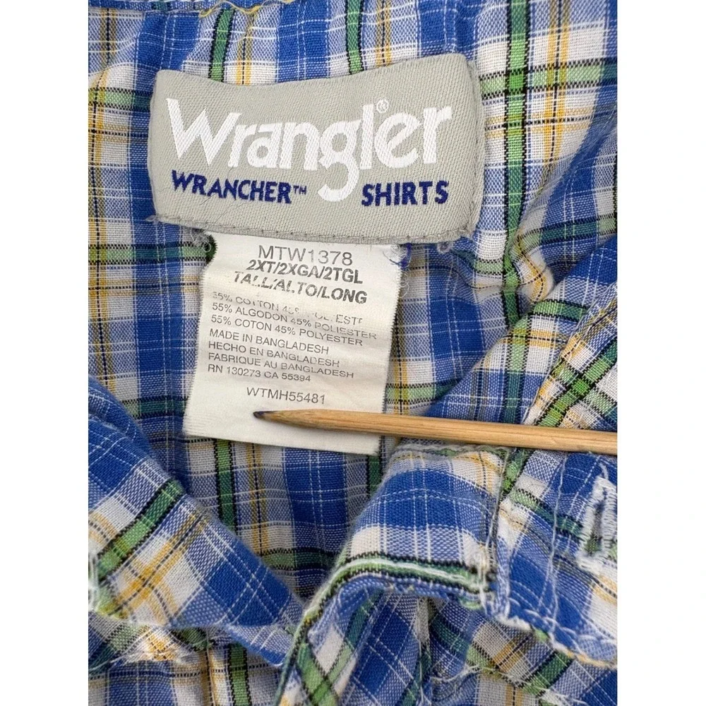 Wrangler Wrancher Mens 2XL Tall Western Shirt‎ Blue Green Plaid Pearl Snap
